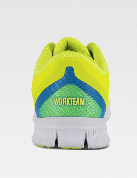 sneakers, tennis, chaussures pour le médical, couleur anis/bleu océan lacets bleus, vue de dos