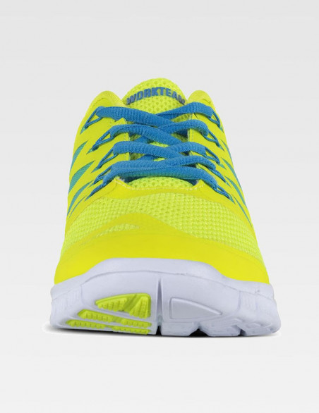 sneakers, tennis, chaussures pour le médical, couleur anis/bleu océan lacets bleus, vue de face