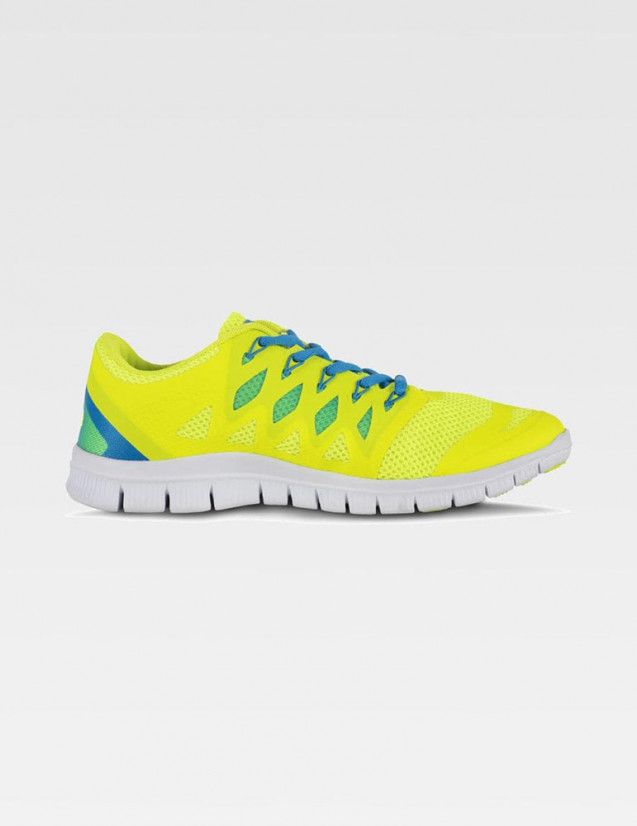 Sneakers, tennis, chaussures pour le médical, couleur anis, bleu océan lacets bleus, vue de profil pied gauche