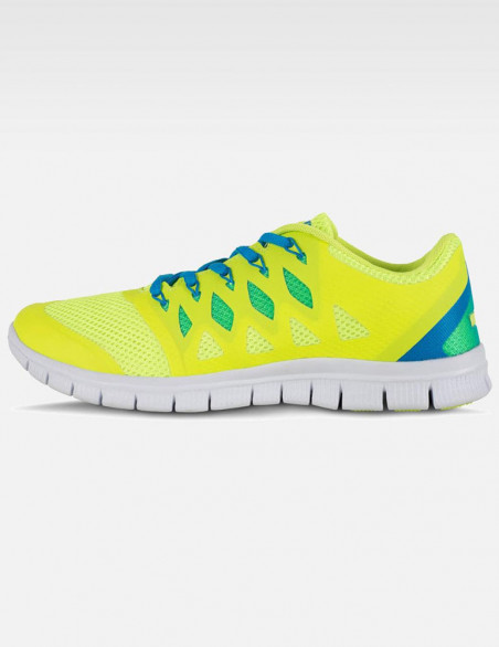 Sneakers, tennis, chaussures pour le médical, couleur anis/bleu océan lacets bleus, vue de profil pied droit