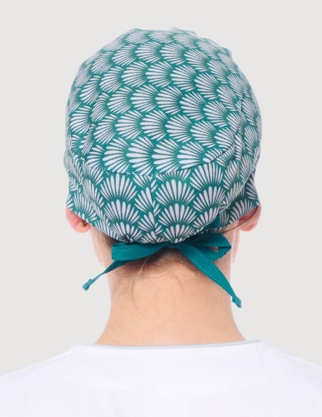 Calot chirurgien mixte - forme Charlotte - Motif palme blanche sur fond vert émeraude - Textile maille jersey - Vue de  dos