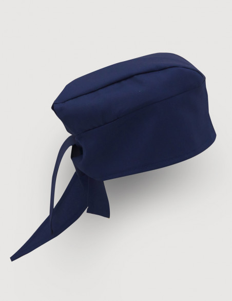 Calot chirurgien couleur Bleu Marine - Forme Bandana - Vue Ghost - Vue de profil avec attaches visibles - Marque Belissa