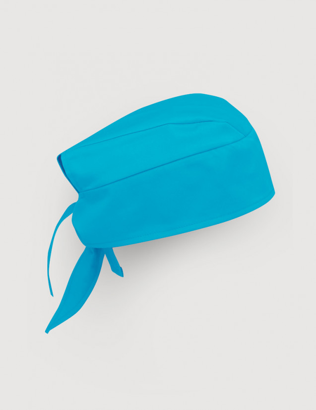 Calot chirurgien couleur bleu océan - Forme Bandana - Vue Ghost - Vue de profil avec attaches visibles - Marque Belissa