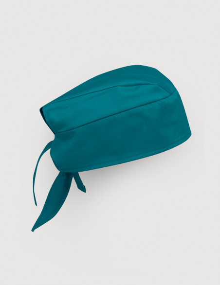 Calot chirurgien couleur bleu canard - Forme Bandana - Vue Ghost - Vue de profil avec attaches visibles - Marque Belissa