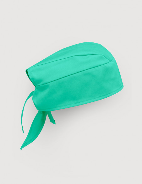 Calot chirurgien couleur vert émeraude - Forme Bandana - Vue Ghost - Vue de profil avec attaches visibles - Marque Belissa