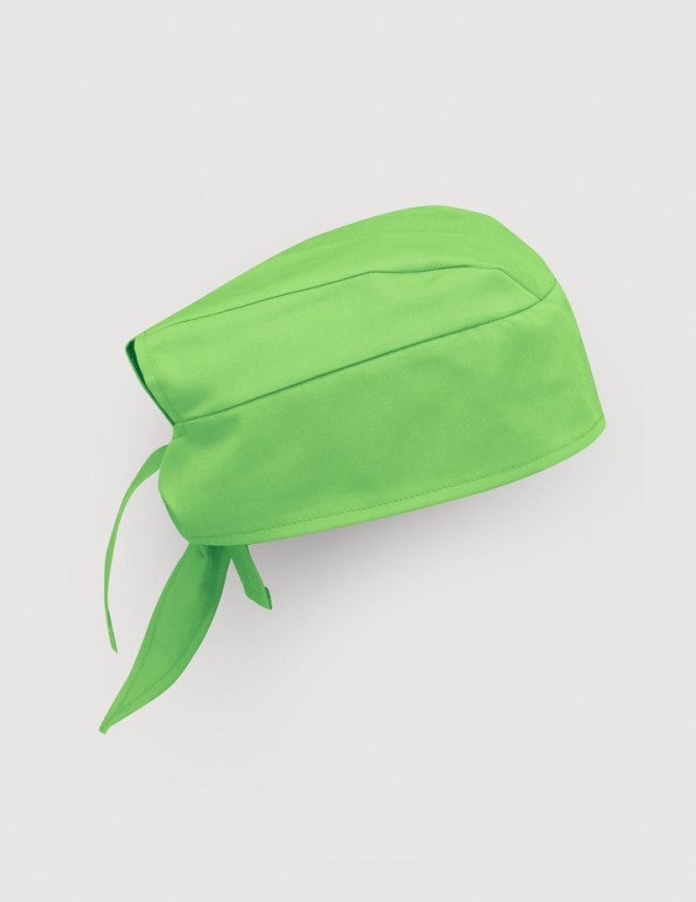 Calot chirurgien couleur vert pomme - Forme Bandana - Vue Ghost - Vue de profil avec attaches visibles - Marque Belissa