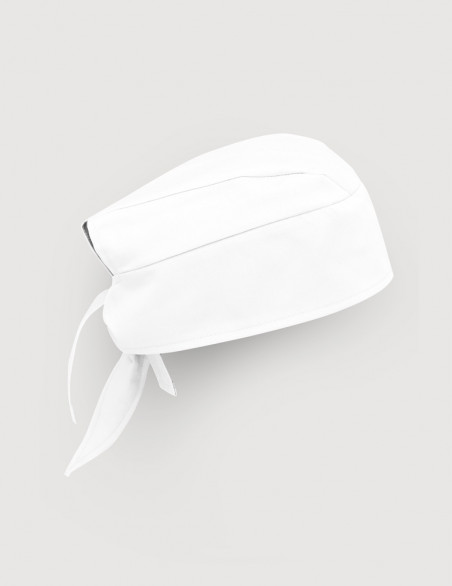 Calot chirurgien couleur blanc - Forme Bandana - Vue Ghost - Vue de profil avec attaches visibles - Marque Belissa