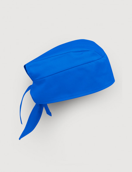 Calot chirurgien couleur bleu roi - Forme Bandana - Vue Ghost - Vue de profil avec attaches visibles - Marque Belissa