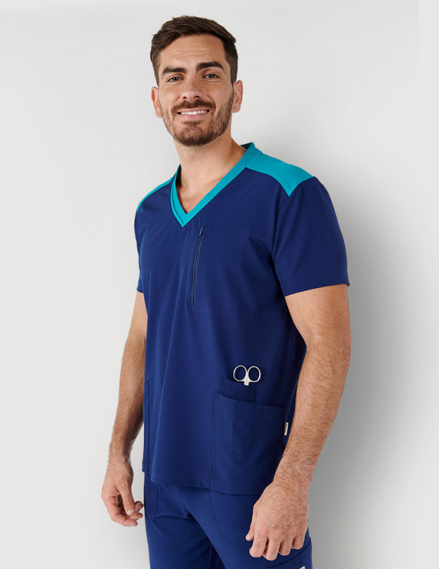 Tunique médicale homme marine et turquoise - Col en V - Marque Fit for Work by Belissa - Medical sportswear