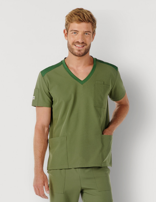 Tunique médicale homme - couleur kaki - col en V - Marque Fit for Work by Belissa - Medical sportswear