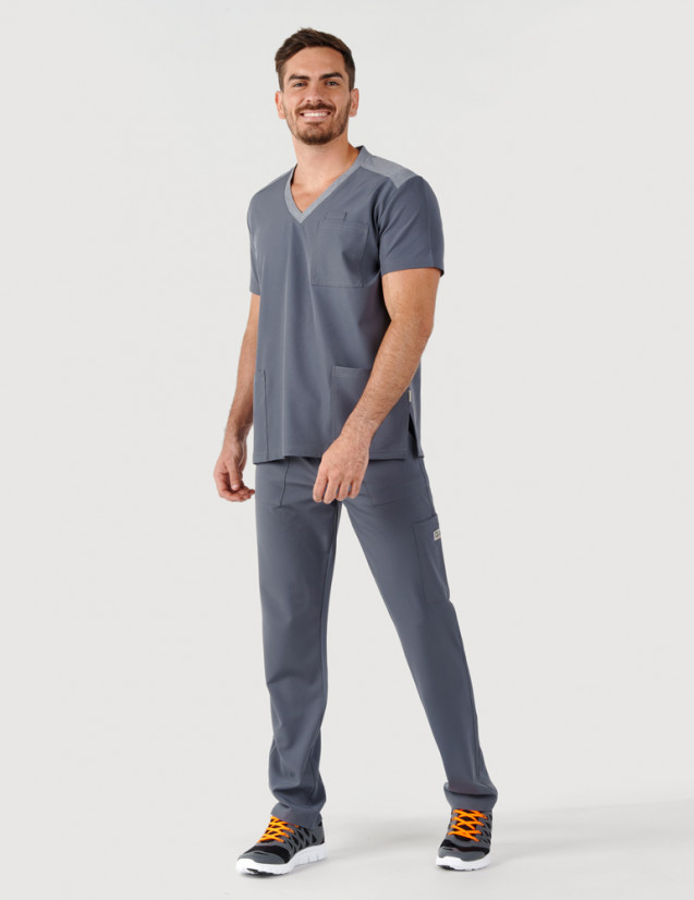 Tenue médicale homme - couleur carbone - col en V - Vue en pied - Marque Fit for Work by Belissa - Medical sportswear
