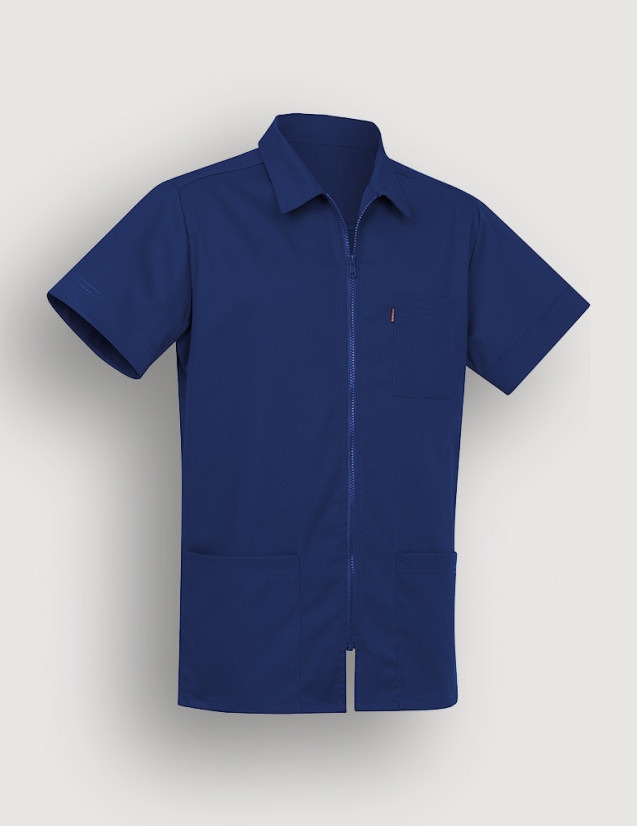 Blouse médicale bleu marine à manches courtes, col chemise, fermeture zip. Marque Belissa Medical style. Vue ghost