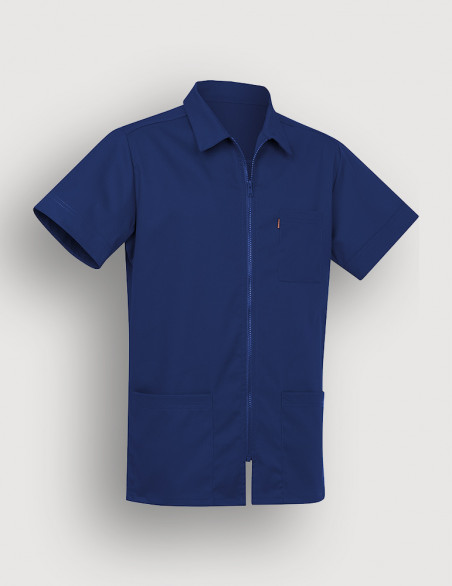 Blouse médicale bleu marine à manches courtes, col chemise, fermeture zip. Marque Belissa Medical style. Vue ghost