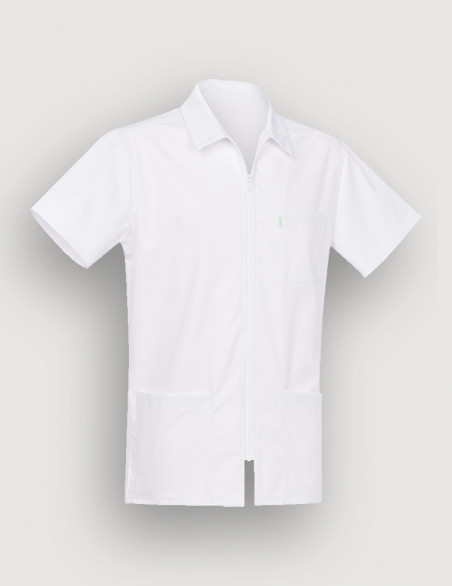 Blouse blanche à manches courtes, col chemise, fermeture zip. Marque Belissa Medical style. Vue ghost