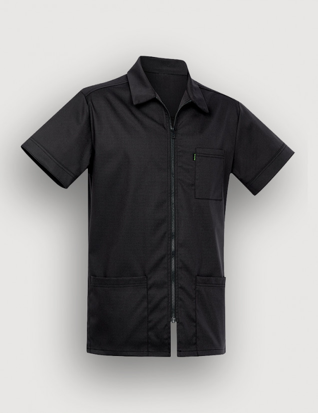 Blouse médicale couleur ardoise à manches courtes, col chemise, fermeture zip. Marque Belissa Medical style. Vue ghost