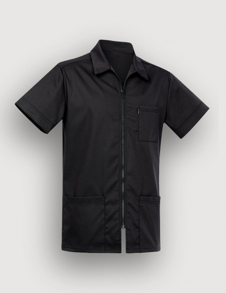 Blouse médicale couleur ardoise à manches courtes, col chemise, fermeture zip. Marque Belissa Medical style. Vue ghost