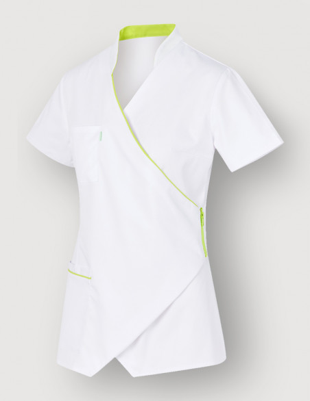 Blouse médicale blanc et vert anis à manches courtes, coupe asymétrique - Marque Belissa - Vue ghost