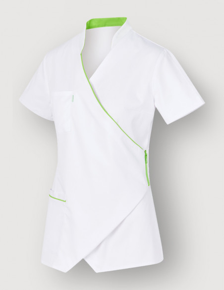 Blouse médicale blanc et vert pomme à manches courtes, coupe asymétrique - Marque Belissa - Vue ghost