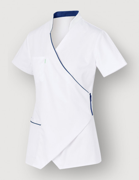 Blouse médicale blanc et bleu marine à manches courtes, coupe asymétrique - Marque Belissa - Vue ghost