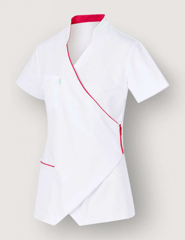 Blouse médicale blanc et Framboise à manches courtes, coupe asymétrique - Marque Belissa - Vue ghost