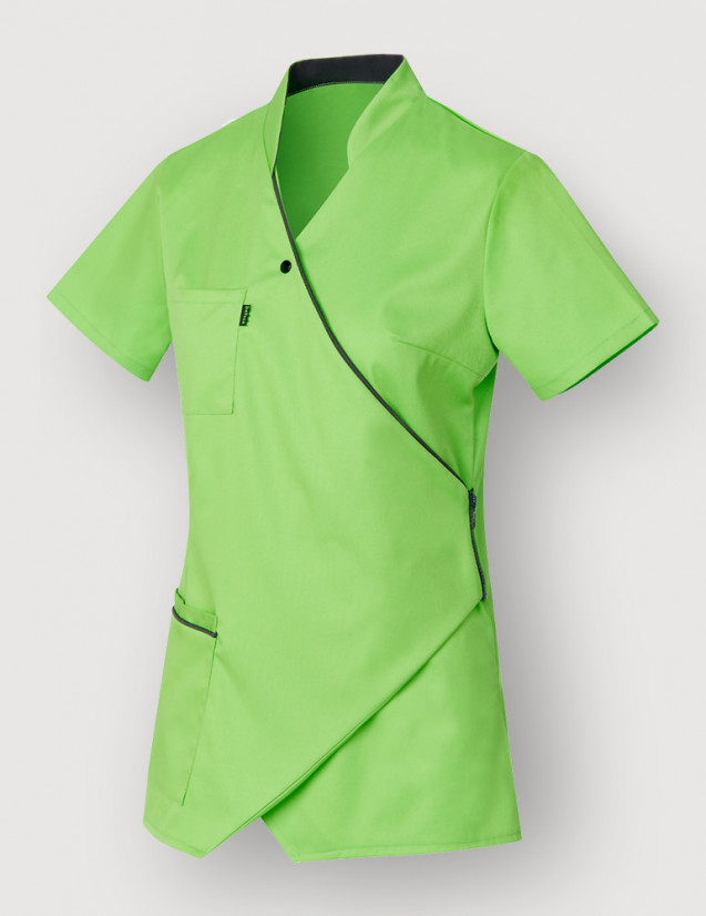 Blouse médicale couleur vert pomme et ardoise, manches courtes, coupe asymétrique - Vue Ghost - Marque Belissa