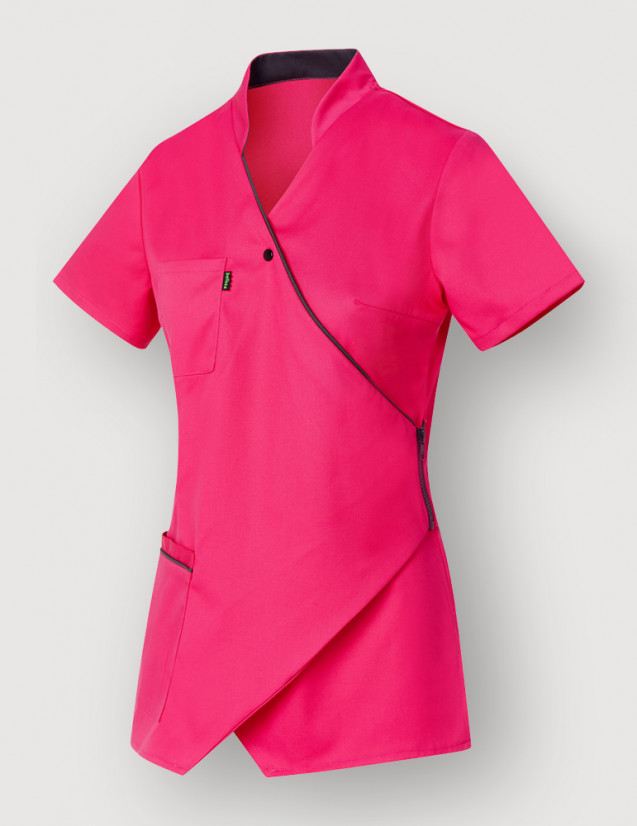 Blouse médicale couleur framboise et ardoise, manches courtes, coupe asymétrique - Vue Ghost - Marque Belissa