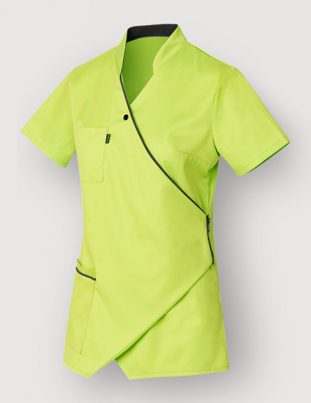 Blouse médicale couleur vert anis et ardoise, manches courtes, coupe asymétrique - Vue Ghost - Marque Belissa
