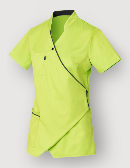 Blouse médicale couleur vert anis et ardoise, manches courtes, coupe asymétrique - Vue Ghost - Marque Belissa