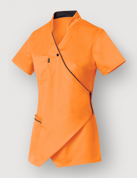 Blouse médicale couleur abricot et ardoise, manches courtes, coupe asymétrique - Vue Ghost - Marque Belissa