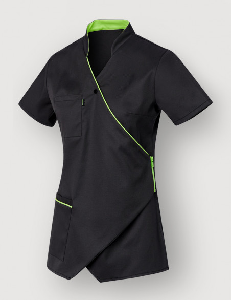 Blouse médicale couleur ardoise et vert pomme, manches courtes, coupe asymétrique - Vue Ghost - Marque Belissa