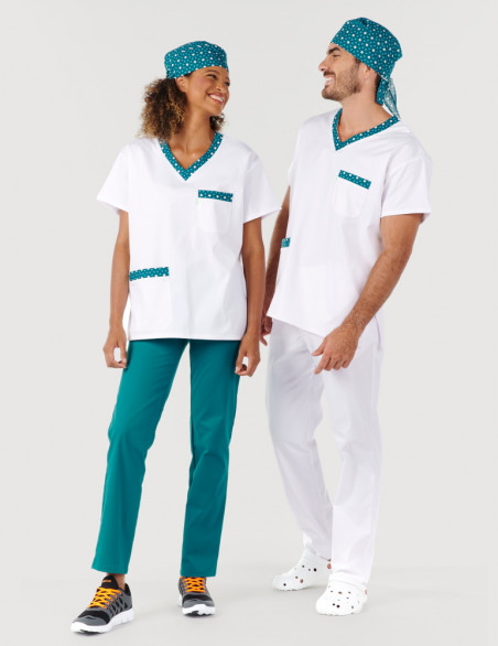 Couple homme et femme en tenues médicale unisexe Jules couleur blanc + motifs "canard flowers"  by Belissa