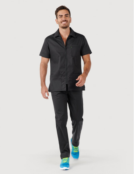 Blouse médicale couleur ardoise pour homme. Marque Belissa. Manches courtes, fermeture zip, col chemise. 2