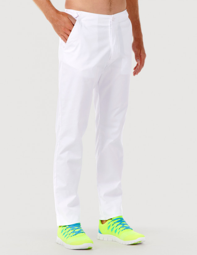 Pantalon médical homme CHINO, couleur blanc, vue de face - Marque Belissa