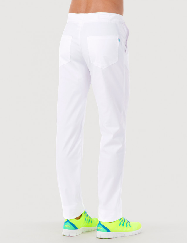 Pantalon médical homme CHINO, couleur blanc, vue de dos - Marque Belissa