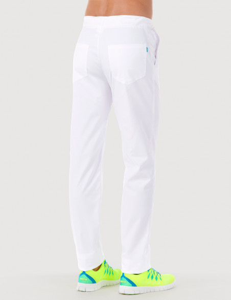Pantalon médical homme CHINO, couleur blanc, vue de dos - Marque Belissa