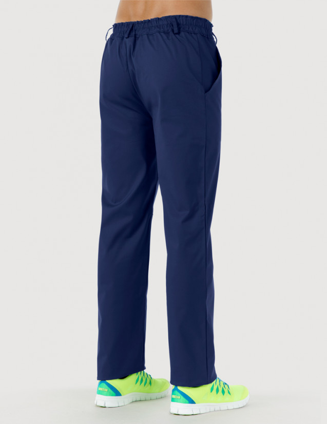 Pantalon médical homme Granada taille élastiquée, couleur bleu marine, vue de dos - Marque Belissa