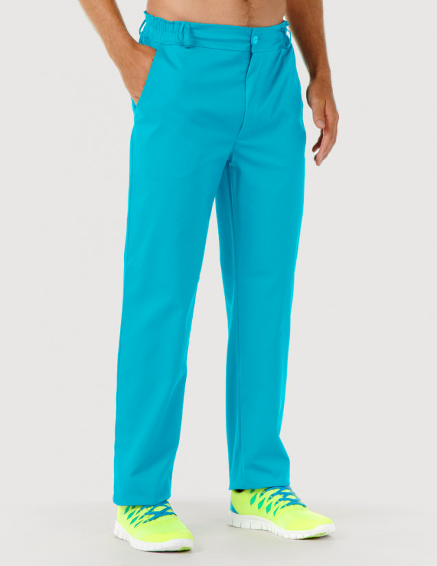 Pantalon médical homme Granada taille élastiquée, couleur bleu océan, vue de face - Marque Belissa