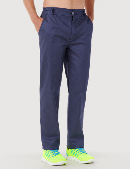 Pantalon médical homme Granada en jeans, taille élastiquée, vue de face - Marque Belissa