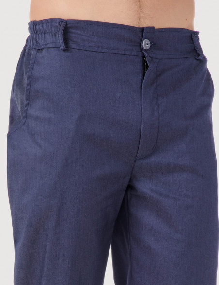 Pantalon médical homme élastiqué Granada, en jeans, vue de détail à la taille - Marque Belissa