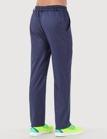 Pantalon médical homme en jeans Granada taille élastiquée, couleur blanc, vue de dos - Marque Belissa
