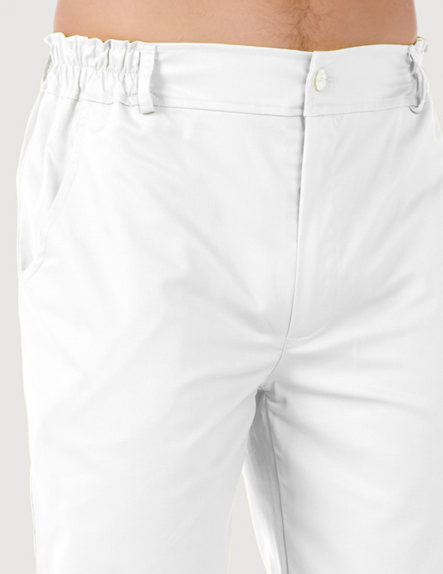 Pantalon médical homme élastiqué Granada , couleur blanc, vue de détail à la taille - Marque Belissa Pantalon médical homme élastiqué Granada , couleur blanc, vue de détail à la taille - Marque Belissa