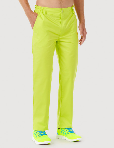 Pantalon médical homme Granada taille élastiquée, couleur vert anis, vue de face - Marque Belissa