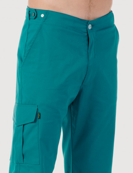 Pantalon médical homme. Vue de détail taille et poche treillis - Couleur bleu canard - Modèle Luis - Marque Belissa
