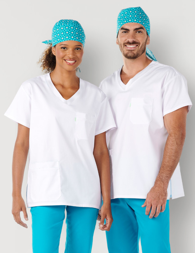 Couple en tunique médicale mixte Angel couleur blanc - Vue portée de face - Marque Belissa