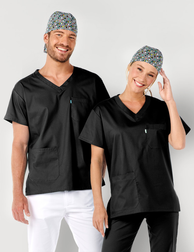 Couple en tunique médicale mixte Angel couleur noir - Vue portée de face - Marque Belissa