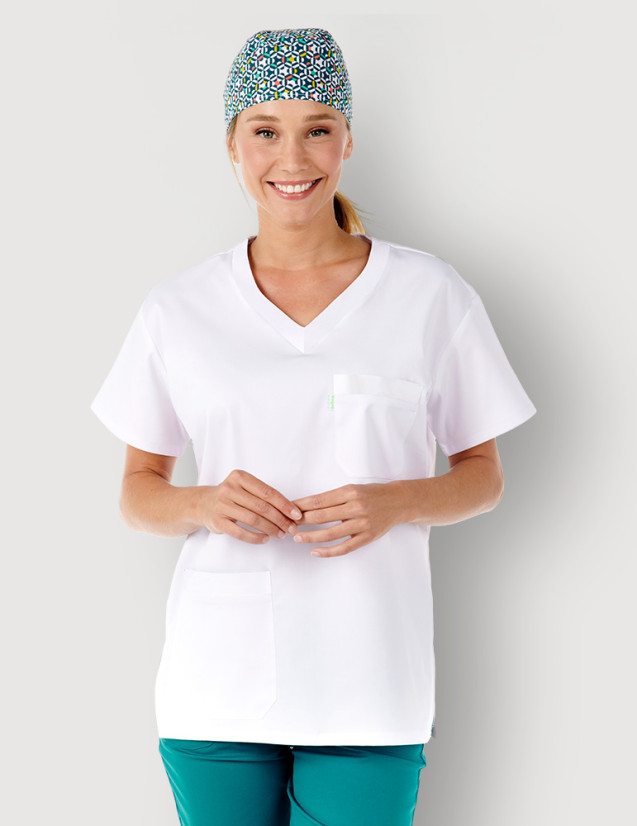Dentiste femme en blouse Angel couleur Blanc - Vue portée de face - Marque Belissa
