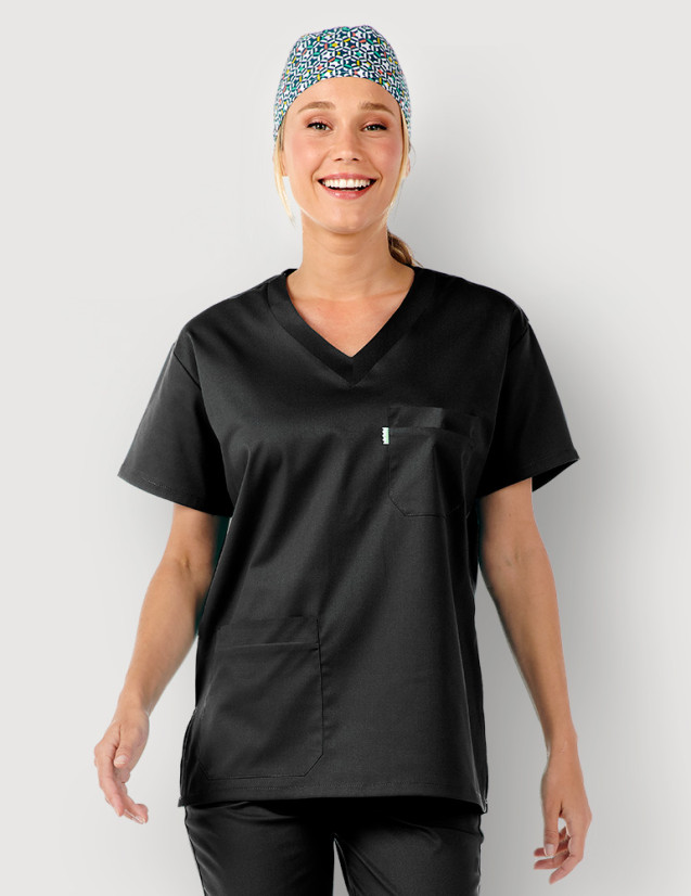 Dentiste femme en blouse médicale Angel couleur noir - Vue portée de face - Marque Belissa