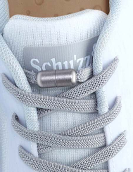 Système attache lacets élastiques sneaker blanc, lacets élastiques gris - Vue de détail