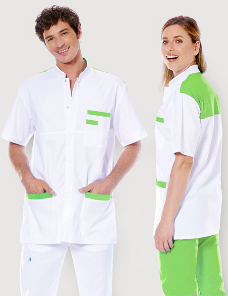 Blouse médicale unisexe Kevin blanc-vert pomme Made in France by Belissa