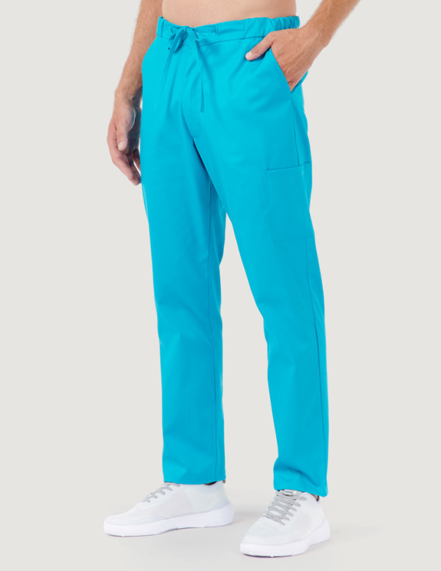 Léo pantalon homme taille élastique, couleur bleu océan - Marque Belissa - Porté vue de face